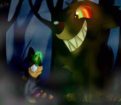 Size: 2048x1780 | Tagged: safe, artist:millefaller, derpibooru import, oc, bear, pony, unicorn, clothes, duo, glowing horn, grin, horn, looking up, outdoors, scared, sharp teeth, smiling, swirly eyes, teeth, unicorn oc