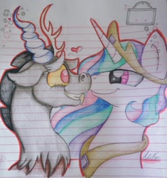 Size: 902x960 | Tagged: safe, artist:millefaller, derpibooru import, discord, princess celestia, alicorn, draconequus, pony, bust, dislestia, female, heart, horn, jewelry, lined paper, male, mare, peytral, shipping, signature, smiling, straight, tiara, traditional art