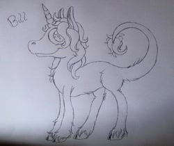 Size: 960x806 | Tagged: safe, artist:millefaller, derpibooru import, oc, oc only, oc:bill, pony, unicorn, horn, leonine tail, lineart, smiling, solo, traditional art, unicorn oc, unshorn fetlocks