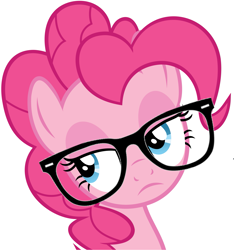 Size: 2543x2715 | Tagged: safe, artist:slb94, derpibooru import, edit, pinkie pie, earth pony, pony, hearthbreakers, bust, eyeroll, female, frown, glasses, hipster glasses, reaction image, simple background, solo, unamused, when she doesn't smile