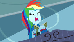 Size: 3410x1920 | Tagged: safe, derpibooru import, screencap, rainbow dash, eqg summertime shorts, equestria girls, leaping off the page, book, boots, eyes closed, female, high res, nightmare, open mouth, shoes, solo