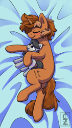 Size: 2160x3840 | Tagged: safe, artist:cleoziep, derpibooru import, octavia melody, oc, oc:sign, pony, unicorn, bedsheets, blushing, eyes closed, female, plushie, sleeping, solo