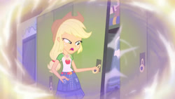 Size: 3410x1920 | Tagged: safe, derpibooru import, screencap, applejack, better together, equestria girls, overpowered (equestria girls), applejack's hat, belt, clothes, cowboy hat, cutie mark, cutie mark on clothes, denim skirt, female, geode of super strength, hat, high res, jewelry, lockers, magical geodes, necklace, open mouth, skirt, solo