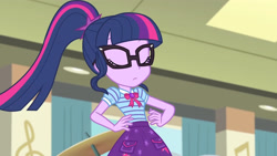 Size: 3410x1920 | Tagged: safe, derpibooru import, screencap, sci-twi, twilight sparkle, better together, equestria girls, overpowered (equestria girls), bowtie, clothes, cutie mark, cutie mark on clothes, eyes closed, female, geode of telekinesis, glasses, high res, jewelry, magical geodes, necklace, ponytail, solo
