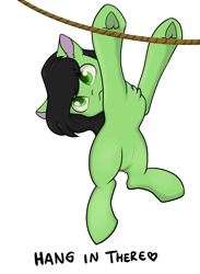 Size: 2420x3298 | Tagged: safe, artist:dumbwoofer, derpibooru import, oc, oc only, oc:anon filly, earth pony, pony, chest fluff, ear fluff, ears, female, filly, hanging, high res, looking at you, meme, meme origin, rope, simple background, solo, text, transparent background, underhoof, white outline