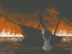 Size: 1600x1200 | Tagged: safe, artist:escdev, derpibooru import, pipsqueak, earth pony, pony, fire, foal, raft, ship, sinking, sitting, water