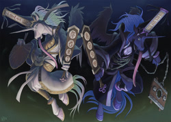 Size: 1200x852 | Tagged: safe, artist:loupgarou, derpibooru import, princess celestia, princess luna, alicorn, anthro, unguligrade anthro, cangue, chains, chinese, clothes, dress, grim reaper, hand fan, hat, heibai wuchang, hoers, long tongue, sign, stocks, tongue, tongue out, writing