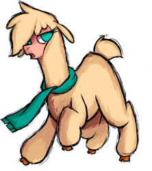 Size: 2394x2697 | Tagged: safe, artist:hitsuji, derpibooru import, oc, oc only, oc:shio (hitsuji), alpaca, them's fightin' herds, clothes, cloven hooves, community related, looking at you, one eye covered, scarf, simple background, solo, transparent background