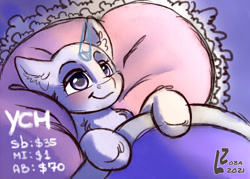 Size: 1400x1000 | Tagged: safe, artist:zobaloba, derpibooru import, alicorn, earth pony, pegasus, pony, unicorn, any gender, any species, auction, bed, candy, commission, dream, food, sleeping, solo, sweets, your character here