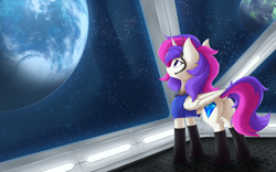 Size: 2982x1863 | Tagged: safe, artist:wolfypon, derpibooru import, oc, oc only, alicorn, pony, alicorn oc, boots, butt, dock, female, headphones, horn, mare, planet, plot, shoes, solo, space, spaceship, wings