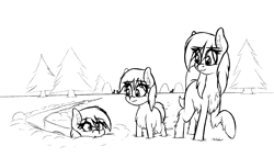 Size: 1908x1095 | Tagged: safe, artist:seafooddinner, oc, oc only, oc:meadow frost, oc:snow flurry, oc:snowfall, oc:snowflurry, oc:tundra tracker, pony, /mlp/, black and white, chest fluff, cute, deep snow, ear fluff, ears, female, filly, fluffy, forest, looking at each other, mare, monochrome, simple background, sketch, smiling, snow, snowpony (species), taiga pony, tree, unshorn fetlocks, white background, yakutian horse