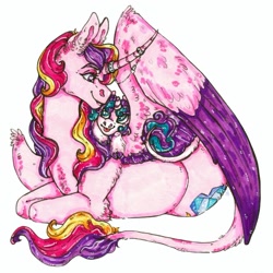 Size: 1023x1023 | Tagged: safe, artist:skior, derpibooru import, princess cadance, princess flurry heart, pony, female, mother and child, mother and daughter, parent and child, simple background, traditional art, two toned wings, white background, wings