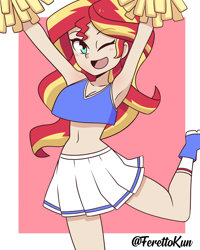 Size: 1000x1250 | Tagged: safe, artist:ferettokun, derpibooru import, sunset shimmer, equestria girls, armpits, cheerleader, cheerleader outfit, clothes, one eye closed, solo, wink