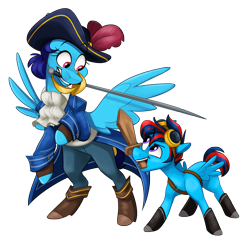 Size: 3052x2970 | Tagged: safe, artist:luximus17, derpibooru import, oc, oc only, oc:andrew swiftwing, oc:blue angel, pegasus, alternate universe, boots, clothes, coat, fantasy class, feather, female, goggles, hair bun, hat, male, mother and child, mother and son, parent and child, rapier, shoes, simple background, sword, transparent background, weapon, wings