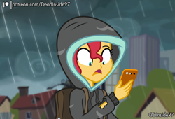 Size: 2800x1900 | Tagged: safe, artist:deadinside97, derpibooru import, sunset shimmer, equestria girls, acid rain, backpack, cellphone, clothes, disappearing clothes, hoodie, patreon, phone, rain, redraw, show accurate