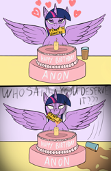 Size: 1659x2561 | Tagged: safe, artist:xyi, derpibooru import, twilight sparkle, twilight sparkle (alicorn), alicorn, pony, bait and switch, birthday, burning, cake, candle, chocolate, chocolate milk, everything is ruined, evil grin, floating heart, food, grin, heart, implied anon, looking at you, milk, mouth hold, pure unfiltered evil, smiling, spilled drink, ticket, twibitch sparkle