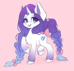 Size: 826x800 | Tagged: safe, artist:valeria_fills, derpibooru import, rarity, pony, unicorn, my little pony: pony life, alternate cutie mark, bow, braid, braided tail, digital art, female, freckles, hair bow, horn, looking at you, mare, open mouth, pink background, simple background, solo, tail, tail bow, unshorn fetlocks