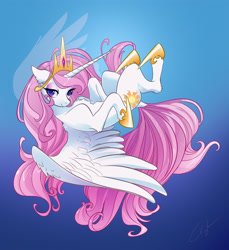 Size: 4126x4500 | Tagged: safe, artist:opalacorn, derpibooru import, princess celestia, alicorn, pony, absurd file size, absurd resolution, chest fluff, cute, cutelestia, dock, female, gradient background, lidded eyes, looking at you, mare, pink-mane celestia, smiling, smiling at you, solo, spread wings, wings