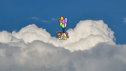 Size: 1024x576 | Tagged: safe, artist:paperbagpony, derpibooru import, oc, oc only, oc:paper bag, earth pony, pony, balloon, cloud, floating, oh dear, paper bag, ponies in real life, solo, then watch her balloons lift her up to the sky