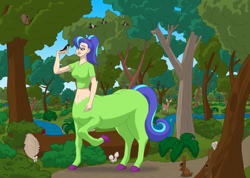 Size: 2056x1466 | Tagged: safe, artist:runningtoaster, derpibooru import, oc, oc only, oc:chafine, bird, centaur, centaurified, clothes, colored, female, forest, log, river, solo, species swap, tree