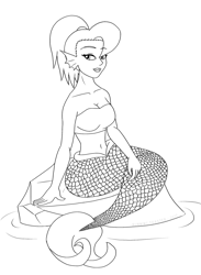 Size: 1250x1706 | Tagged: safe, artist:runningtoaster, derpibooru import, oc, oc only, oc:chafine, mermaid, bikini, bikini top, clothes, female, lineart, mermaidized, monochrome, sitting, solo, species swap, swimsuit