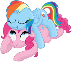 Size: 1622x1402 | Tagged: safe, artist:pony-thunder, derpibooru import, pinkie pie, rainbow dash, earth pony, pegasus, pony, cuddling, cute, duo, duo female, ears, eyes closed, female, floppy ears, lesbian, looking up, lying down, lying on top of someone, mare, open mouth, open smile, pinkiedash, rainbow dash riding pinkie pie, riding, shipping, simple background, sleeping, sleepydash, smiling, transparent background