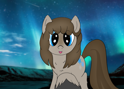 Size: 3011x2160 | Tagged: safe, anonymous artist, oc, oc only, oc:frosty flakes, earth pony, pony, /mlp/, aurora borealis, chest fluff, cutie mark, ear fluff, ears, female, fetlock tuft, fluffy, fluffy ears, hooves, looking at you, night sky background, smiling, smiling at you, snow mare, snowpony (species), solo, taiga pony, yakutian horse