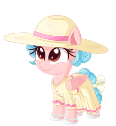 Size: 1024x1112 | Tagged: safe, artist:vito, cozy glow, pegasus, pony, adorable as fuck, c:, chest fluff, clothes, cozybetes, cute, dress, female, filly, freckles, hat, hoof shoes, simple background, solo, summer dress, transparent background