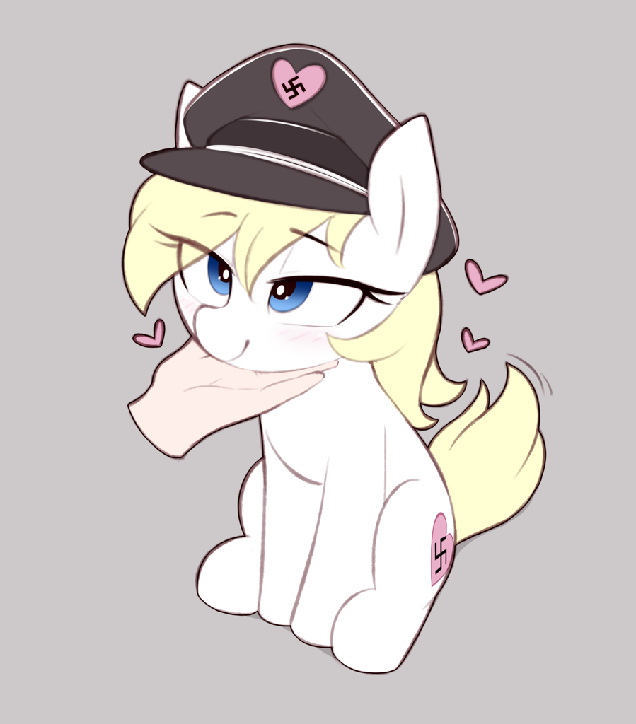 2926990 - safe, artist:shinodage, oc, oc only, oc:aryanne, earth pony,  human, pony, aryanbetes, behaving like a dog, blonde, blonde hair,  blushing, cute, disembodied hand, eye clipping through hair, female,  floating heart, gray