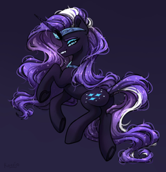 Size: 2086x2160 | Tagged: safe, artist:konejo, nightmare rarity, pony, unicorn, dark background, dock, fangs, female, grin, looking at you, looking sideways, mare, purple background, side view, simple background, solo