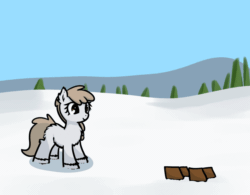 Size: 1200x934 | Tagged: safe, artist:neuro, oc, oc only, pony, /mlp/, animated, blinking, boots, chest fluff, ears, eyes closed, female, filly, floppy ears, gif, jumping, pounce, raised hoof, raised leg, smiling, snow, snowpony (species), solo, taiga pony, that pony sure does love boots, tree, unshorn fetlocks, yakutian horse