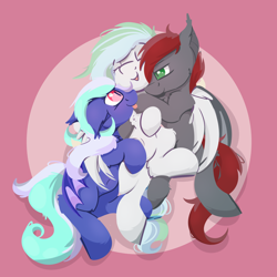 Size: 2000x2000 | Tagged: safe, artist:rhythmpixel, derpibooru import, oc, oc only, oc:ivory mint, oc:river chime, oc:shadow storm, bat pony, pegasus, bat pony oc, female, hug, male, mare, stallion, wings