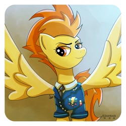 Size: 2250x2250 | Tagged: safe, artist:jearknds, derpibooru import, spitfire, pegasus, pony, bust, clothes, female, mare, portrait, signature, smiling, solo, spread wings, uniform, wings, wonderbolts dress uniform