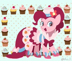 Size: 2048x1744 | Tagged: safe, artist:efuji_d, derpibooru import, pinkie pie, earth pony, clothes, cupcake, dress, female, food, gala dress, heart eyes, mare, open mouth, open smile, smiling, solo, wingding eyes