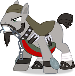 Size: 2950x3000 | Tagged: safe, artist:frownfactory, derpibooru import, earth pony, pony, trade ya, ancient beast dealer, armor, beard, blank flank, cape, chains, clothes, collar, cratetoss, ear fluff, ears, facial hair, headgear, male, sandals, simple background, solo, stallion, transparent background, vector