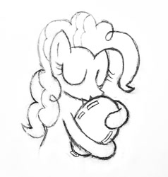 Size: 1304x1369 | Tagged: safe, anonymous artist, derpibooru import, pinkie pie, balloon, black and white, cuddling, cute, eyes closed, grayscale, hug, kissing, monochrome, sketch, solo, that pony sure does love balloons