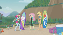 Size: 3410x1920 | Tagged: safe, derpibooru import, screencap, applejack, fluttershy, rainbow dash, snails, snips, better together, blue crushed, equestria girls, applejack's hat, barefoot, beach, cap, clothes, cowboy hat, feet, female, geode of fauna, geode of super speed, geode of super strength, hairpin, hand on hip, hat, high res, jewelry, magical geodes, male, necklace, open mouth, smiling, surfboard, swimming trunks, swimsuit, wetsuit