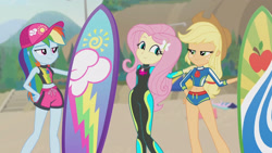 Size: 3410x1920 | Tagged: safe, derpibooru import, screencap, applejack, fluttershy, rainbow dash, better together, blue crushed, equestria girls, applejack's hat, beach, belly button, cap, clothes, cowboy hat, cute, female, geode of fauna, geode of super speed, geode of super strength, hairpin, hat, high res, jewelry, magical geodes, midriff, necklace, shyabetes, sleeveless, smiling, surfboard, swimming trunks, swimsuit, wetsuit