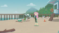 Size: 3410x1920 | Tagged: safe, derpibooru import, screencap, fluttershy, better together, blue crushed, equestria girls, beach, clothes, female, geode of fauna, hairpin, high res, jewelry, magical geodes, necklace, sandals, swimsuit, wetsuit