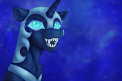 Size: 2682x1788 | Tagged: safe, artist:fanaticpanda, derpibooru import, nightmare moon, alicorn, armor, ethereal mane, fangs, glowing, glowing eyes, glowing mane, horn, solo, starry mane, teeth