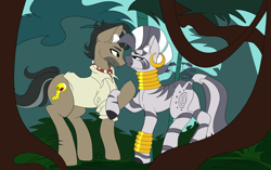 Size: 2048x1289 | Tagged: safe, artist:mikkybun, derpibooru import, doctor caballeron, zecora, earth pony, pony, zebra, clothes, commission, duo, jewelry, jungle, loving gaze, ship, stripes, zecoron