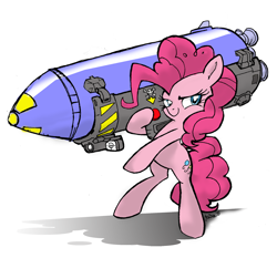 Size: 1300x1213 | Tagged: safe, artist:yewdee, derpibooru import, pinkie pie, earth pony, pony, bipedal, female, nuclear weapon, rocket launcher, simple background, solo, weapon, white background, xk-class end-of-the-world scenario
