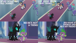 Size: 1280x720 | Tagged: safe, derpibooru import, edit, edited screencap, editor:quoterific, screencap, shining armor, spike, thorax, changeling, pegasus, pony, unicorn, season 6, the times they are a changeling, armor, crystal guard, crystal guard armor, male, open mouth, royal guard, stallion
