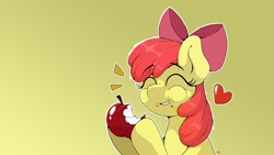 Size: 3840x2160 | Tagged: safe, artist:ljdamz1119, derpibooru import, apple bloom, earth pony, pony, apple, bite mark, cheek bulge, eating, emanata, eyes closed, floating heart, food, gradient background, happy, heart, smiling, solo