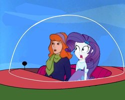 Size: 734x587 | Tagged: safe, artist:guihercharly, derpibooru import, rarity, equestria girls, crossover, daphne blake, glass dome, scared, scooby doo, shocked, space car, spaceship, the jetsons