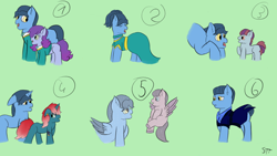 Size: 1192x670 | Tagged: safe, artist:schumette14, derpibooru import, toe-tapper, oc, oc:gospel blues, oc:jazzy bop, oc:smoky quartz, oc:sweet song, earth pony, pegasus, pony, unicorn, adoption, alternate universe, clothes, colt, ear fluff, ears, earth pony oc, female, filly, floppy ears, foal, golden eyes, green background, green eyes, horn, male, mare, multiverse, pegasus oc, race swap, red eyes, rule 63, signature, simple background, stallion, unicorn oc, universe, unshorn fetlocks