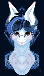 Size: 1400x2400 | Tagged: safe, artist:lickedrainbows, derpibooru import, oc, oc:soaring spirit, pegasus, pony, :p, abstract background, bust, chest fluff, coat markings, facial markings, flower, fluffy, glasses, looking at you, male, neck fluff, pegasus oc, solo, stallion, tongue, tongue out