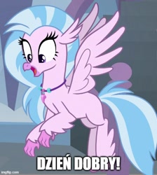 Size: 500x558 | Tagged: safe, derpibooru import, edit, edited screencap, screencap, silverstream, classical hippogriff, hippogriff, school daze, cropped, female, flying, good morning, jewelry, necklace, polish, solo