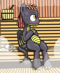 Size: 1000x1200 | Tagged: safe, alternate version, artist:vadytwy, derpibooru import, oc, oc only, dracony, dragon, hybrid, pony, bathhouse, blushing, dreadlocks, folded wings, male, sauna, shy, sitting, solo, steam, sweat, sweatdrops, tail, towel, wings