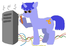 Size: 960x668 | Tagged: safe, artist:minus, derpibooru exclusive, derpibooru import, oc, oc only, oc:gammaxai, pony, unicorn, computer, hammer, horn, male, pixel art, simple background, smoke, solo, tail, transparent background, unicorn oc, wires